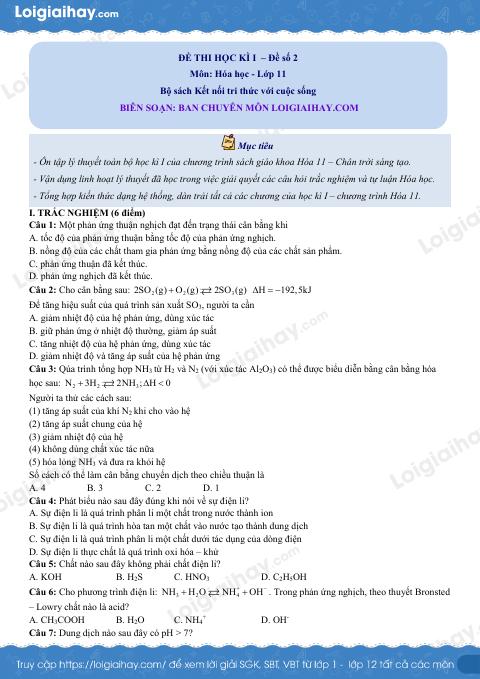Đề thi giữa kì 1 Hóa 11 Chân trời sáng tạo - Đề số 2